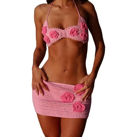 Pink Floral Knitted Crochet Coquette Boho Festival Halter Top Mini Skirt Set SML - Picture 1 of 7